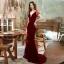 Sexy Bordeaux Velour Robe De Soirée 2021 Trompette / Sirène Transparentes Col v profond Tachetée Gonflée Manches Courtes Train De Balayage Volants Dos Nu Robe De Ceremonie
