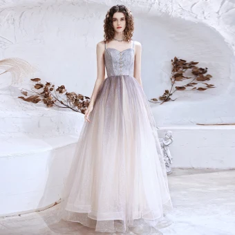 Élégant Lavande Dégradé De Couleur Dansant Robe De Bal 2021 Princesse Bretelles Spaghetti Sans Manches Glitter Tulle Longue Volants Dos Nu Robe De Ceremonie