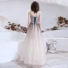 Elegant Lavender Gradient-Color Dancing Prom Dresses 2021 A-Line / Princess Spaghetti Straps Sleeveless Glitter Tulle Floor-Length / Long Ruffle Backless Formal Dresses