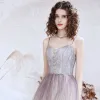 Elegant Lavender Gradient-Color Dancing Prom Dresses 2021 A-Line / Princess Spaghetti Straps Sleeveless Glitter Tulle Floor-Length / Long Ruffle Backless Formal Dresses
