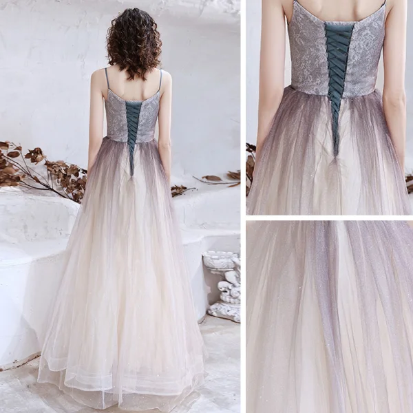 Elegante Lavendel Farbverlauf Tanzen Ballkleider 2021 A Linie Spaghettiträger Ärmellos Glanz Tülle Lange Rüschen Rückenfreies Festliche Kleider