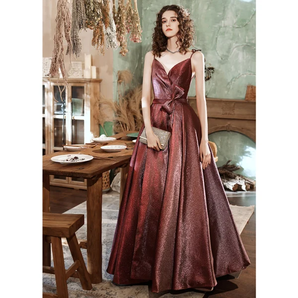 Fashion Brown Dancing Prom Dresses 2021 A-Line / Princess Spaghetti Straps V-Neck Sleeveless Bow Glitter Polyester Floor-Length / Long Ruffle Backless Formal Dresses