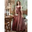 Fashion Brown Dancing Prom Dresses 2021 A-Line / Princess Spaghetti Straps V-Neck Sleeveless Bow Glitter Polyester Floor-Length / Long Ruffle Backless Formal Dresses