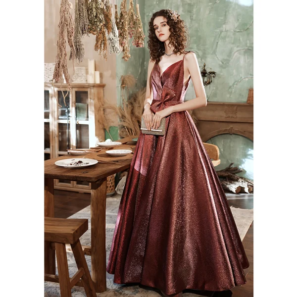 Fashion Brown Dancing Prom Dresses 2021 A-Line / Princess Spaghetti Straps V-Neck Sleeveless Bow Glitter Polyester Floor-Length / Long Ruffle Backless Formal Dresses