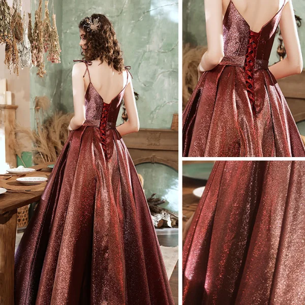 Fashion Brown Dancing Prom Dresses 2021 A-Line / Princess Spaghetti Straps V-Neck Sleeveless Bow Glitter Polyester Floor-Length / Long Ruffle Backless Formal Dresses