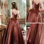 Fashion Brown Dancing Prom Dresses 2021 A-Line / Princess Spaghetti Straps V-Neck Sleeveless Bow Glitter Polyester Floor-Length / Long Ruffle Backless Formal Dresses