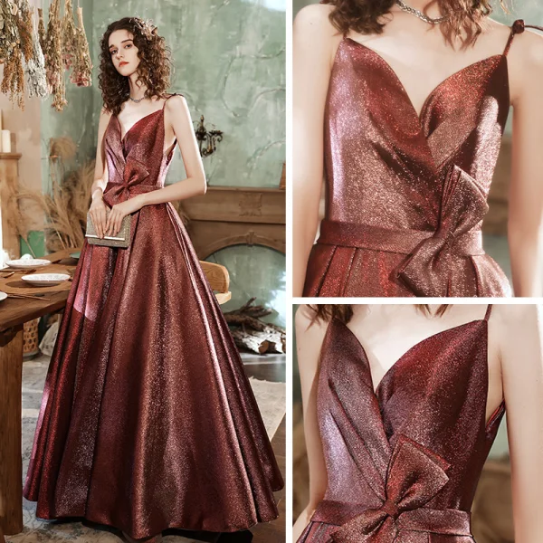 Fashion Brown Dancing Prom Dresses 2021 A-Line / Princess Spaghetti Straps V-Neck Sleeveless Bow Glitter Polyester Floor-Length / Long Ruffle Backless Formal Dresses
