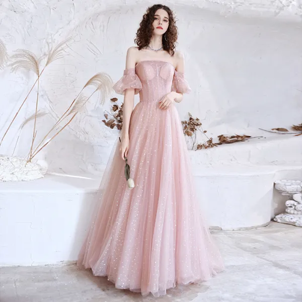 Bling Bling Blushing Pink Prom Dresses 2021 A-Line / Princess Off-The-Shoulder Puffy Short Sleeve Sequins Sweep Train Ruffle Backless Formal Dresses