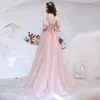 Bling Bling Blushing Pink Prom Dresses 2021 A-Line / Princess Off-The-Shoulder Puffy Short Sleeve Sequins Sweep Train Ruffle Backless Formal Dresses