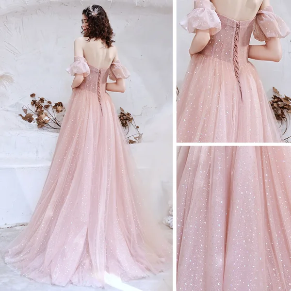 Bling Bling Rosa Ballkleider 2021 A Linie Off Shoulder Geschwollenes Kurze Ärmel Pailletten Sweep / Pinsel Zug Rüschen Rückenfreies Festliche Kleider