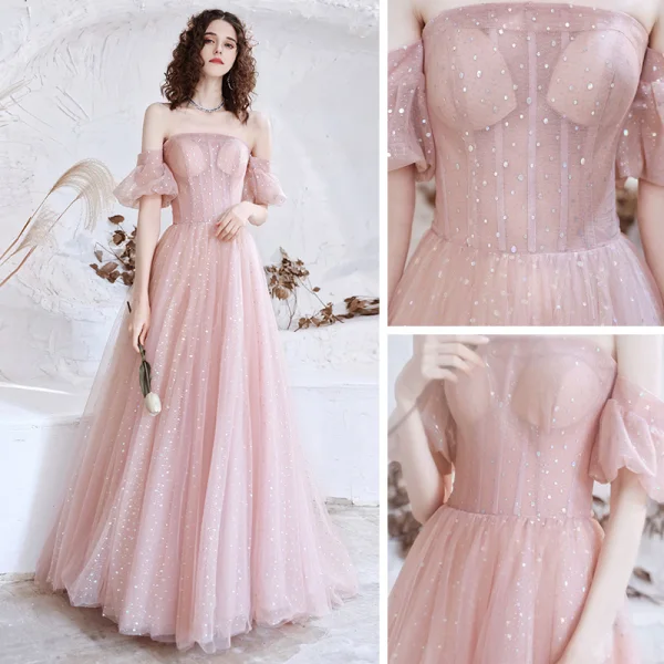 Bling Bling Rosa Ballkleider 2021 A Linie Off Shoulder Geschwollenes Kurze Ärmel Pailletten Sweep / Pinsel Zug Rüschen Rückenfreies Festliche Kleider