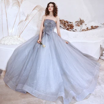 Haut De Gamme Gris Robe De Bal 2021 Princesse Bustier Sans Manches Perlage Glitter Tulle Train De Balayage Volants Dos Nu Robe De Ceremonie