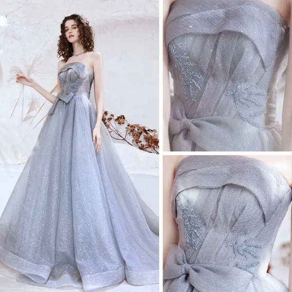 Haut de Gamme Gris Robe De Bal 2021 Princesse Bustier Sans Manches Perlage Glitter Tulle Train De Balayage Volants Dos Nu Robe De Ceremonie