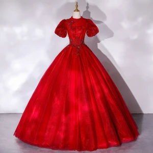 Style Victorien Rouge Dansant Robe De Bal 2021 Robe Boule Col Haut Gonflée Manches Courtes Perlage Paillettes Longue Volants Dos Nu Robe De Ceremonie