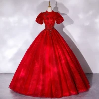 Victorian Style Red Dancing Prom Dresses 2021 Ball Gown High Neck Puffy Short Sleeve Beading Sequins Floor-Length / Long Ruffle Backless Formal Dresses