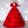 Victorian Style Red Dancing Prom Dresses 2021 Ball Gown High Neck Puffy Short Sleeve Beading Sequins Floor-Length / Long Ruffle Backless Formal Dresses