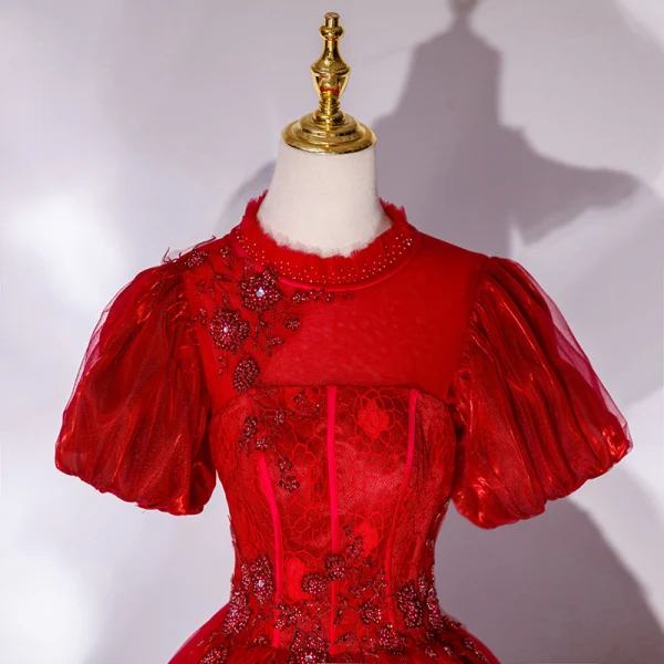 Victorian Style Red Dancing Prom Dresses 2021 Ball Gown High Neck Puffy Short Sleeve Beading Sequins Floor-Length / Long Ruffle Backless Formal Dresses