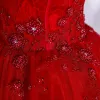 Victorian Style Red Dancing Prom Dresses 2021 Ball Gown High Neck Puffy Short Sleeve Beading Sequins Floor-Length / Long Ruffle Backless Formal Dresses