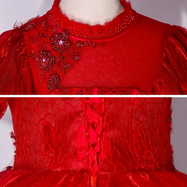 Victorian Style Red Dancing Prom Dresses 2021 Ball Gown High Neck Puffy Short Sleeve Beading Sequins Floor-Length / Long Ruffle Backless Formal Dresses