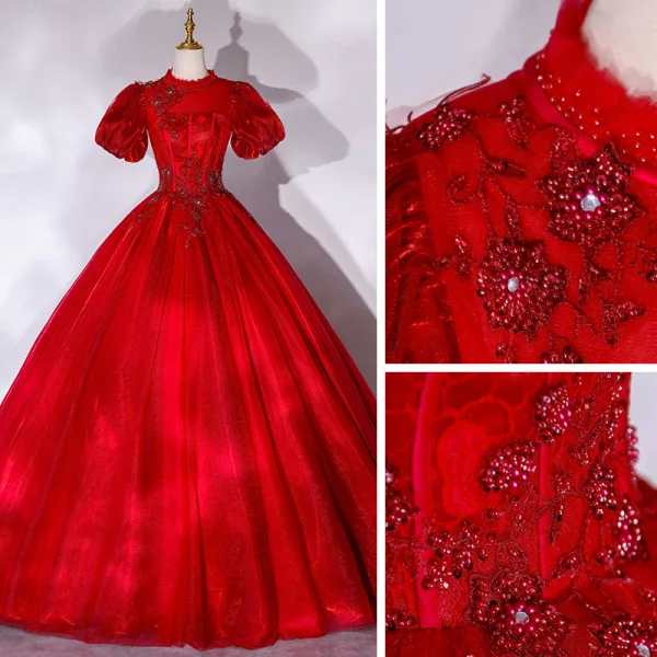 Victorian Style Red Dancing Prom Dresses 2021 Ball Gown High Neck Puffy Short Sleeve Beading Sequins Floor-Length / Long Ruffle Backless Formal Dresses
