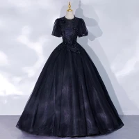 Victorian Style Black Dancing Prom Dresses 2021 Ball Gown High Neck Puffy Short Sleeve Beading Floor-Length / Long Ruffle Backless Formal Dresses