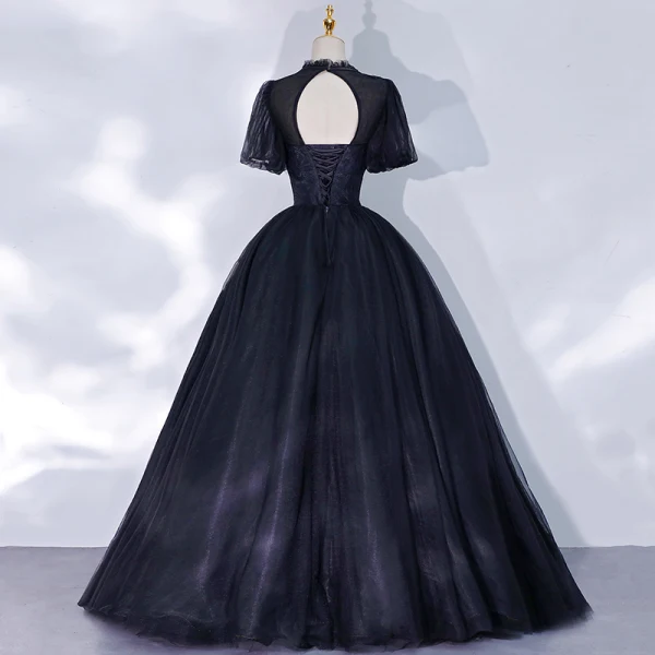 Victorian Style Black Dancing Prom Dresses 2021 Ball Gown High Neck Puffy Short Sleeve Beading Floor-Length / Long Ruffle Backless Formal Dresses