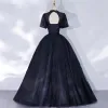 Victorian Style Black Dancing Prom Dresses 2021 Ball Gown High Neck Puffy Short Sleeve Beading Floor-Length / Long Ruffle Backless Formal Dresses