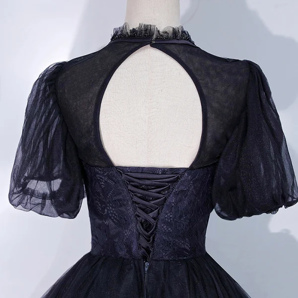 Victorian Style Black Dancing Prom Dresses 2021 Ball Gown High Neck Puffy Short Sleeve Beading Floor-Length / Long Ruffle Backless Formal Dresses