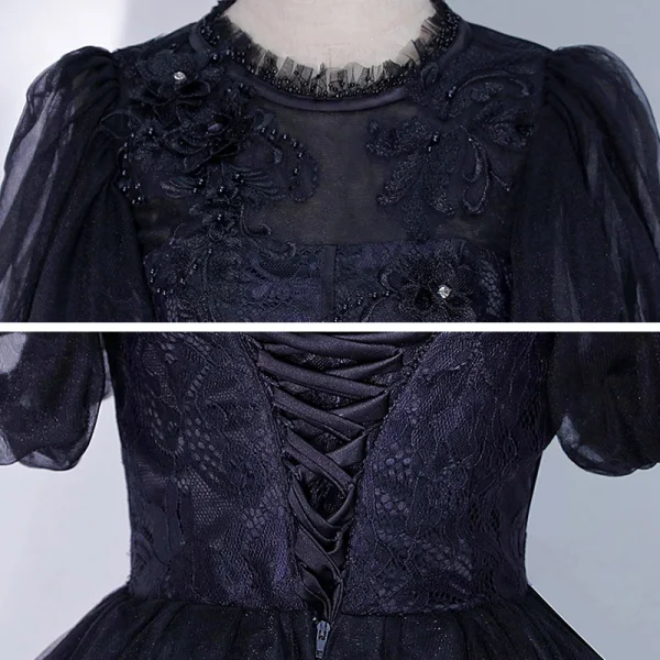 Victorian Style Black Dancing Prom Dresses 2021 Ball Gown High Neck Puffy Short Sleeve Beading Floor-Length / Long Ruffle Backless Formal Dresses