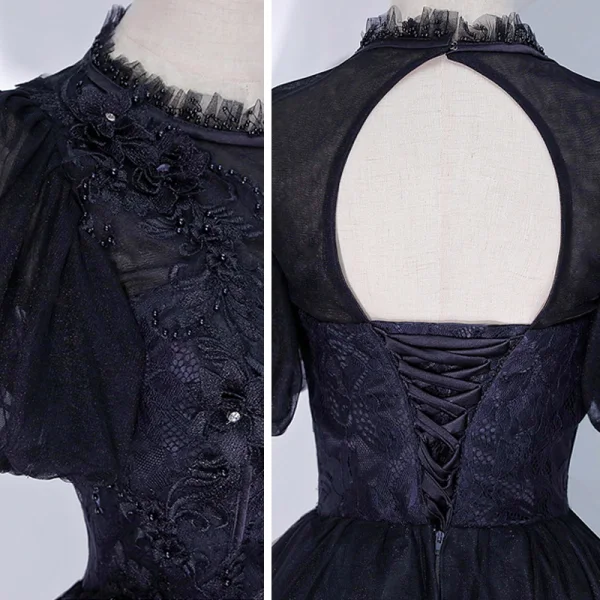Victorian Style Black Dancing Prom Dresses 2021 Ball Gown High Neck Puffy Short Sleeve Beading Floor-Length / Long Ruffle Backless Formal Dresses