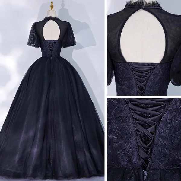 Victorian Style Black Dancing Prom Dresses 2021 Ball Gown High Neck Puffy Short Sleeve Beading Floor-Length / Long Ruffle Backless Formal Dresses