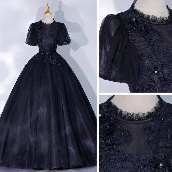 Victorian Style Black Dancing Prom Dresses 2021 Ball Gown High Neck Puffy Short Sleeve Beading Floor-Length / Long Ruffle Backless Formal Dresses