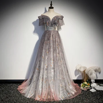 Bling Bling Grey See Through Prom Dresses 2021 A Line Princess Off The Shoulder Short Sleeve Beading Sequins Glitter Tulle Sweep Train Ruffle Backless Formal Dresses