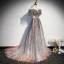 Bling Bling Grau Durchsichtige Ballkleider 2021 A Linie Off Shoulder Kurze Ärmel Perlenstickerei Pailletten Glanz Tülle Sweep / Pinsel Zug Rüschen Rückenfreies Festliche Kleider