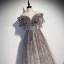 Bling Bling Grau Durchsichtige Ballkleider 2021 A Linie Off Shoulder Kurze Ärmel Perlenstickerei Pailletten Glanz Tülle Sweep / Pinsel Zug Rüschen Rückenfreies Festliche Kleider