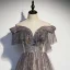 Bling Bling Grau Durchsichtige Ballkleider 2021 A Linie Off Shoulder Kurze Ärmel Perlenstickerei Pailletten Glanz Tülle Sweep / Pinsel Zug Rüschen Rückenfreies Festliche Kleider