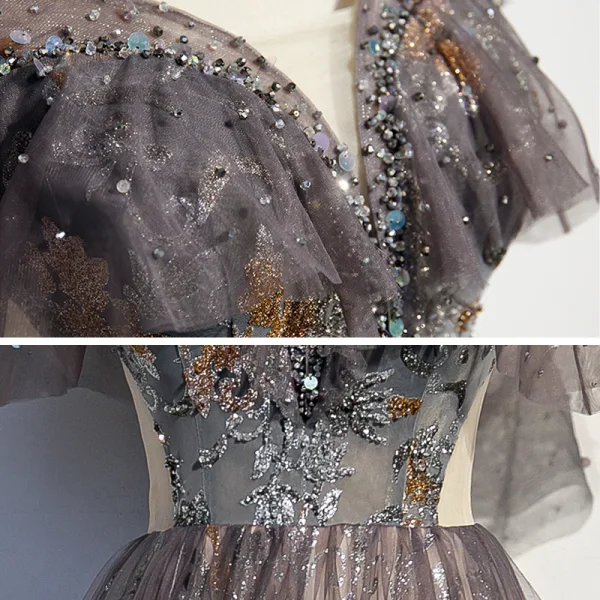 Bling Bling Grau Durchsichtige Ballkleider 2021 A Linie Off Shoulder Kurze Ärmel Perlenstickerei Pailletten Glanz Tülle Sweep / Pinsel Zug Rüschen Rückenfreies Festliche Kleider