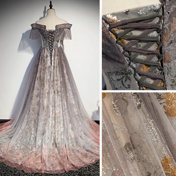 Bling Bling Grau Durchsichtige Ballkleider 2021 A Linie Off Shoulder Kurze Ärmel Perlenstickerei Pailletten Glanz Tülle Sweep / Pinsel Zug Rüschen Rückenfreies Festliche Kleider