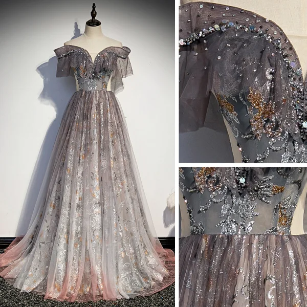 Bling Bling Grau Durchsichtige Ballkleider 2021 A Linie Off Shoulder Kurze Ärmel Perlenstickerei Pailletten Glanz Tülle Sweep / Pinsel Zug Rüschen Rückenfreies Festliche Kleider