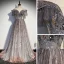 Bling Bling Grau Durchsichtige Ballkleider 2021 A Linie Off Shoulder Kurze Ärmel Perlenstickerei Pailletten Glanz Tülle Sweep / Pinsel Zug Rüschen Rückenfreies Festliche Kleider