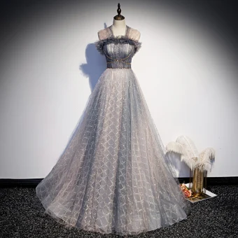 Elegant Grey Prom Dresses 2021 A Line Princess Square Neckline Sleeveless Beading Sweep Train Ruffle Formal Dresses