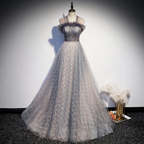 Elegante Grau Ballkleider 2021 A Linie Eckiger Ausschnitt Ärmellos Perlenstickerei Sweep / Pinsel Zug Rüschen Festliche Kleider