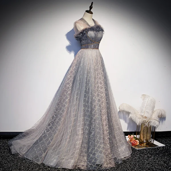 Elegante Grau Ballkleider 2021 A Linie Eckiger Ausschnitt Ärmellos Perlenstickerei Sweep / Pinsel Zug Rüschen Festliche Kleider