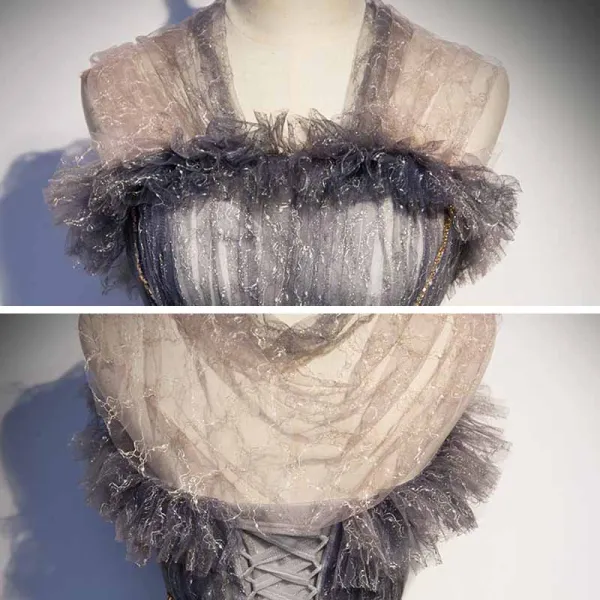 Elegante Grau Ballkleider 2021 A Linie Eckiger Ausschnitt Ärmellos Perlenstickerei Sweep / Pinsel Zug Rüschen Festliche Kleider