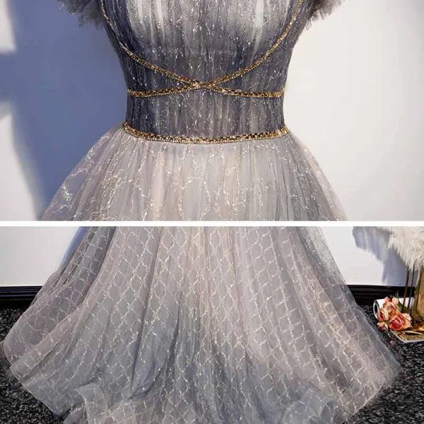 Elegante Grau Ballkleider 2021 A Linie Eckiger Ausschnitt Ärmellos Perlenstickerei Sweep / Pinsel Zug Rüschen Festliche Kleider