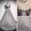 Elegante Grau Ballkleider 2021 A Linie Eckiger Ausschnitt Ärmellos Perlenstickerei Sweep / Pinsel Zug Rüschen Festliche Kleider