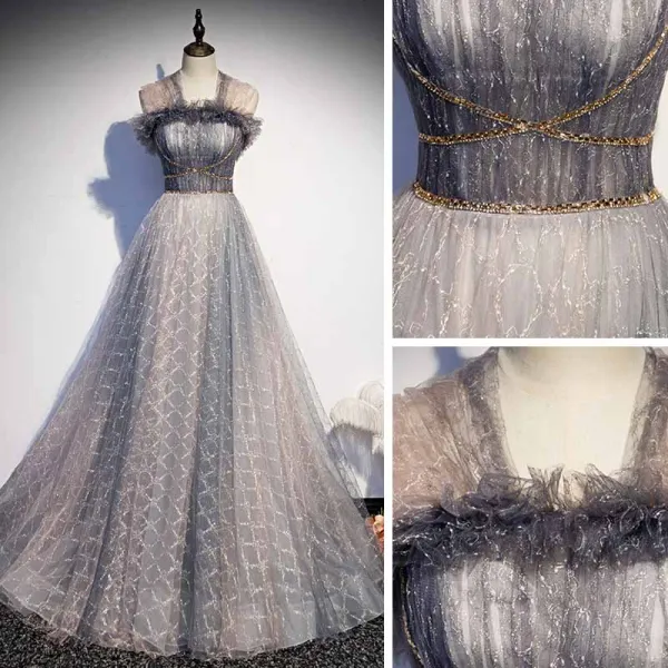 Elegante Grau Ballkleider 2021 A Linie Eckiger Ausschnitt Ärmellos Perlenstickerei Sweep / Pinsel Zug Rüschen Festliche Kleider