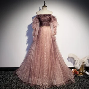 Deux Tons Perle Rose Glitter Robe De Bal 2021 Princesse De L 039 Épaule Manches Longues Perlage Train De Balayage Volants Dos Nu Robe De Ceremonie