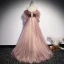 Two Tone Pearl Pink Glitter Prom Dresses 2021 A-Line / Princess Off-The-Shoulder Long Sleeve Beading Sweep Train Ruffle Backless Formal Dresses