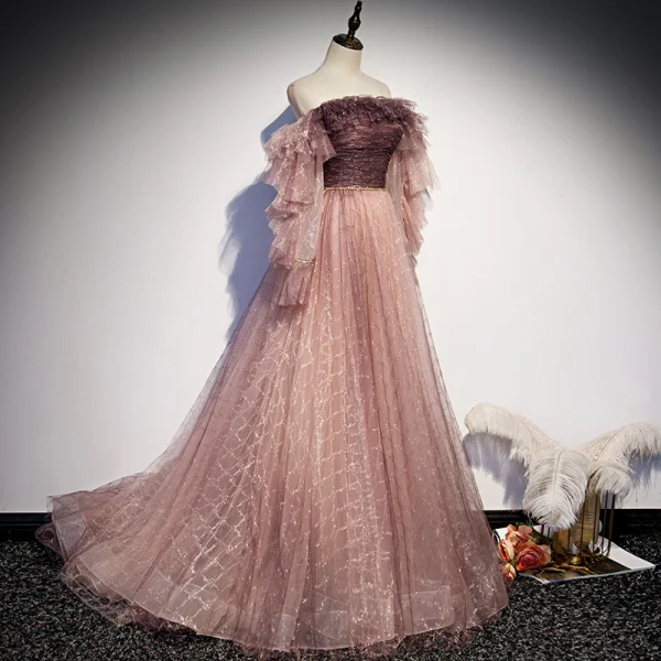 Two Tone Pearl Pink Glitter Prom Dresses 2021 A-Line / Princess Off-The-Shoulder Long Sleeve Beading Sweep Train Ruffle Backless Formal Dresses